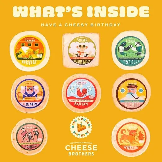 Cheese Bros "Have a Cheesy Birthday" Gift Basket | Fresh from Wisconsin | Includes Smoked Mozzarella, Dill Havarti, Assorted Gouda, Fratello Parmesan blend | Happy Birthday Food Present