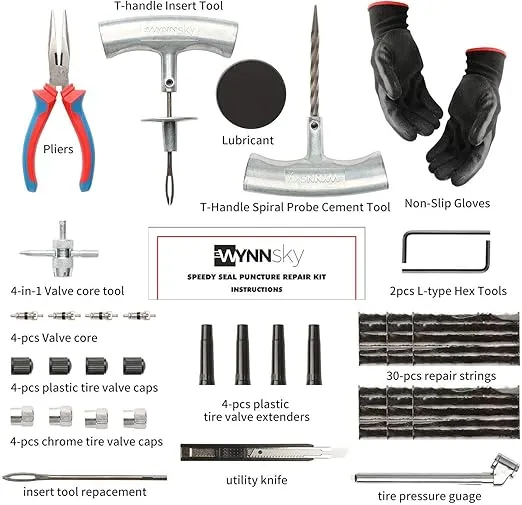 WYNNsky Heavy Duty Tire Repair Tools Kit - 54 Pcs Flat Tire Plug Kit for Motorcycle, ATV, Jeep, Truck, Tractor