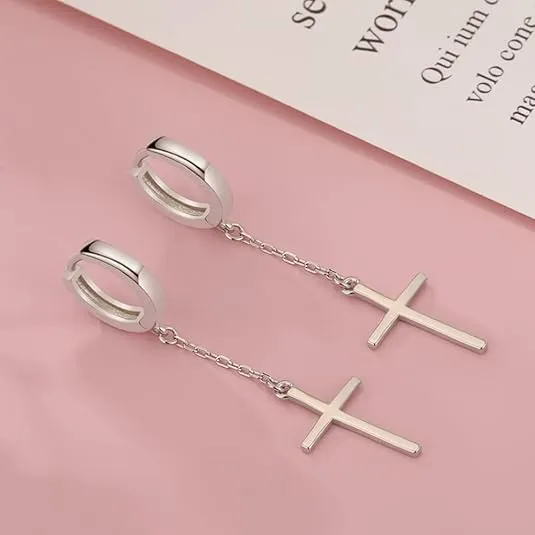 Simple Cross Dangle Hoop Earrings 925 Sterling Silver Minimalist Threader Tassel Chian Dangling Charm Small Huggie Hoops Cartilage Earring Punk Jewelry for Women