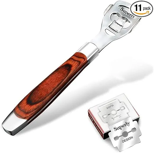Stainless Steel Callus Shaver Pedicure Dead Hard Skin Remover Heel Razor Wooden Handle Cutter with Skin Rub & 10 Blades for Foot Care, Removing Solid, Cracked Skin Cells