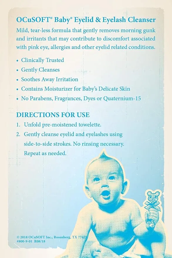 OCuSOFT Baby Eyelid and Eyelash Cleanser, Pre-Moistened Towelette, White/Blue 20 Count