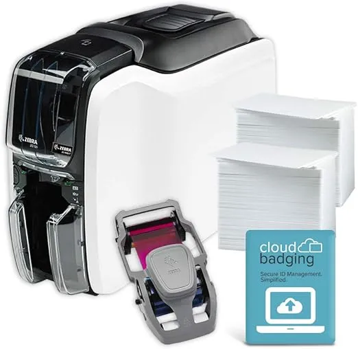 Zebra ZC100 LT ID Card Printer - Complete Supplies Package with CloudBadging Software, Blank Cards, and Ribbon