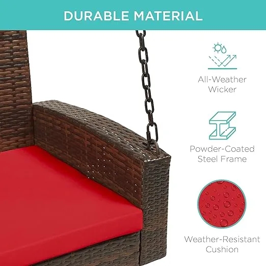 Best Choice Products Woven Wicker Outdoor Porch Swing, Hanging Patio Bench for Deck, Garden w/Mounting Chains, Seat Cushion - Brown/Red