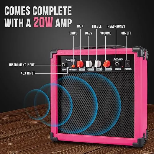 LyxPro 39" inch Full Size Electric Guitar with 20w Amp, Package Includes All Accessories, Digital Tuner, Strings, Picks, Tremolo Bar, Shoulder Strap, and Case Bag Complete Beginner Starter kit - Pink