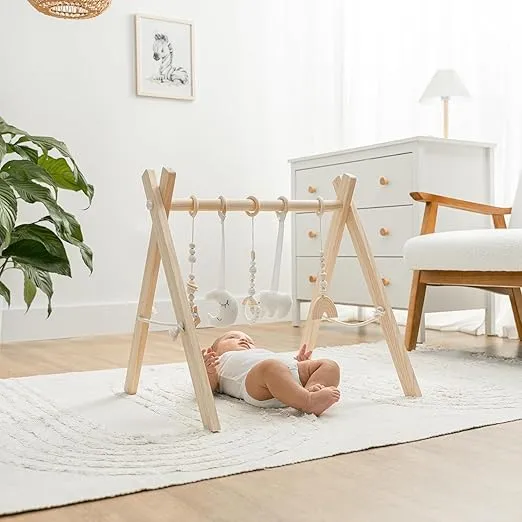 Comfy Cubs Baby Play Gym Set, Wooden Baby Playgym, Interactive Activity Center Hanging Bar with Gym Toys, Foldable for Infants, Newborn Gift for Baby Girl and Boy