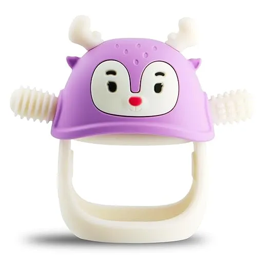 Smily Mia Never Drop Reindeer Silicone Baby Chewing Toy for 3M+ Infants, Easy to Hold Teething Miteen with Soft Textures for Sensory Exploration and Teething Pain Relief-Purple