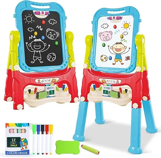 Toddler Art Easel Toys, Magnetic Chalk Board and White Board Easel for Kids with Painting Accessories, Rotatable Double Sided Easel, Birthday Gift for Boys and Girls