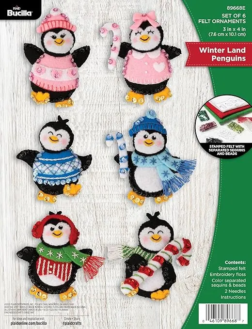 Bucilla, Winter Land Penguins, Felt Applique 6 Piece Ornament Making Kit, Perfect for DIY Arts and Crafts, 89668E
