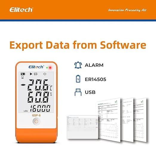 Elitech Digital Temperature Humidity Data Logger Pharmacy Refrigerator Thermometer Vaccine Fridge Temperature Monitor Max Min Value GSP-6-ISO 17025 Certified