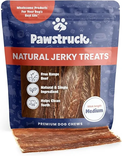 Pawstruck Premium Beef Jerky Dog Treat Chews, Medium 4"-6" Strips - Hip Joint Health Naturally Rich in Glucosamine & Chondroitin No Added Preservatives - 15 Count (Pack of 1) - Packaging May Vary