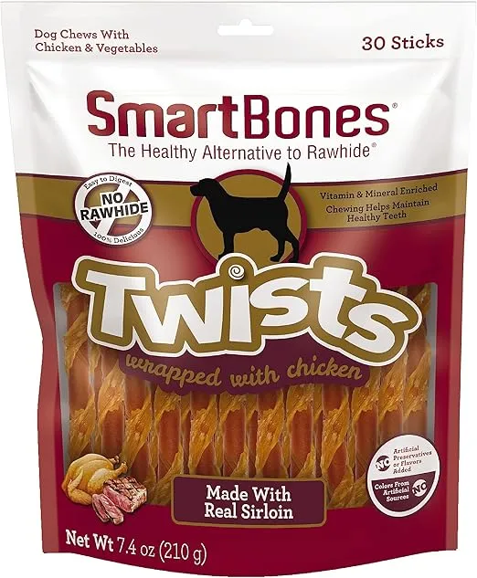 SmartBones Twists Wrapped with Chicken Made with Real Sirloin, 30 Count, Treat Your Dog to a Rawhide-Free Chew, 1 Count (Pack of 1)