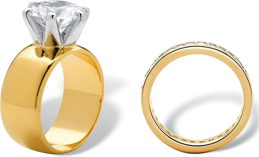 PalmBeach Yellow Gold-Plated Round Cubic Zirconia Solitaire Engagement and Eternity Wedding Band Ring Set Sizes 6-10