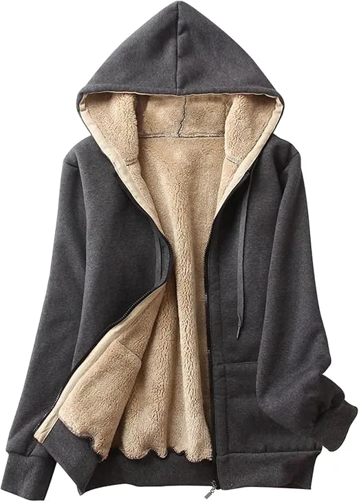 Gihuo Women's Sherpa Lined Hooded Sweatshirt Zip Up Winter Warm Hoodie Comfy Hooded Fleece Jacket