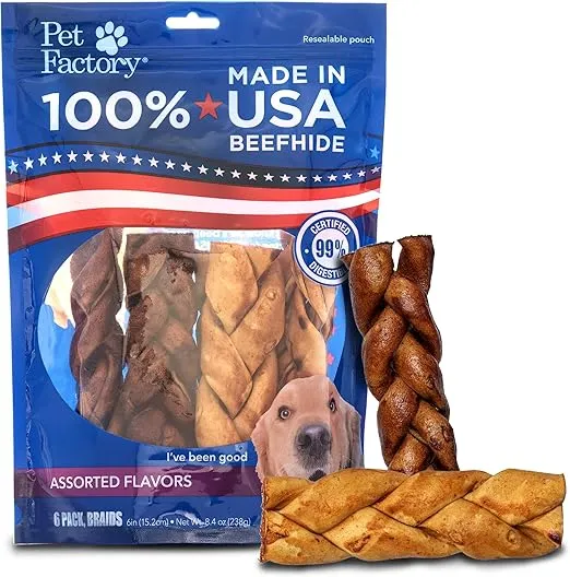 Pet Factory 100% Made in USA Beefhide 6" Braided Sticks Dog Chew Treats - Beef & Chicken Flavor, 6 Count/1 Pack