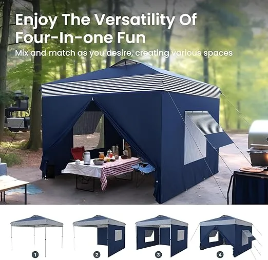 PHI VILLA Privacy 10’x10’Pop up Canopy Tent Enclosed Instant Gazebo Shelter Party Tent with Detachable & Interchangeable Sidewalls and Mesh Windows, Waterproof, Blue Stripe