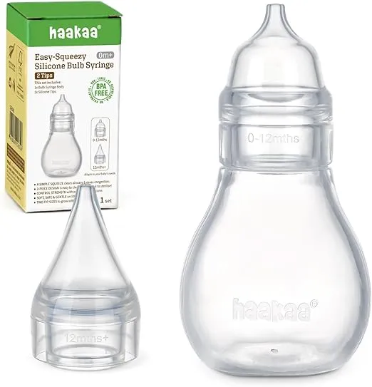 Haakaa Silicone Baby Nasal Aspirator | Nose Bulb Syringe | Easy-Squeezy Baby Nose Cleaner, 0m+ Newborn Infant &Toddler - BPA Free Silicone-2 Tips