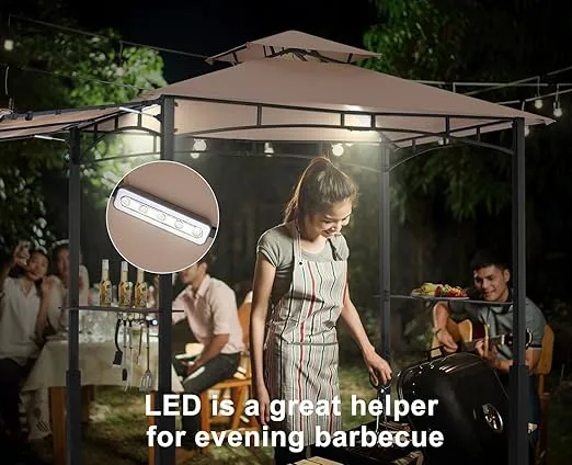 ABCCANOPY Grill Gazebo with Extra Awning - 5'x11' Outdoor Grill Canopy BBQ Gazebo Barbecue Canopy with LED Lights for Backyard, Lawn and Patio (Khaki)