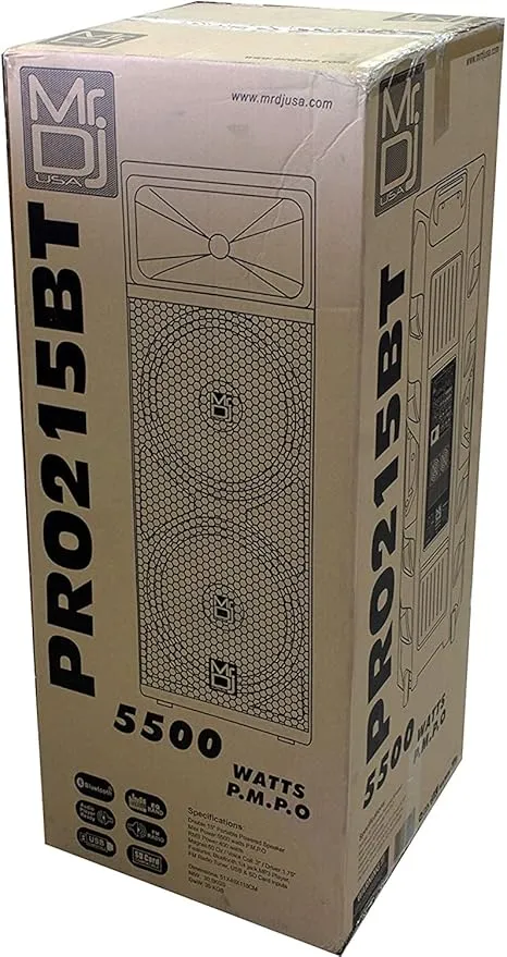 Mr Dj PRO215BT PA DJ Powered Speaker PRO PA DJ Dual 15” 3-Way Full-Range Powered/Active Loudspeaker