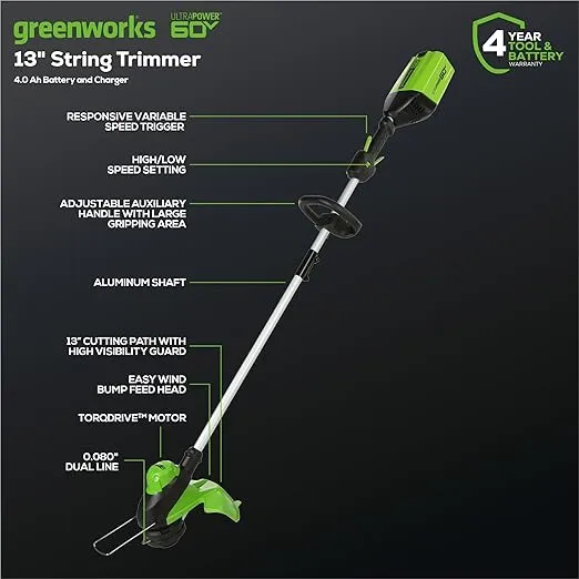 Greenworks 60V 13" Cordless String Trimmer & Leaf Blower Combo Kit, 4.0 Ah Battery and Charger Included