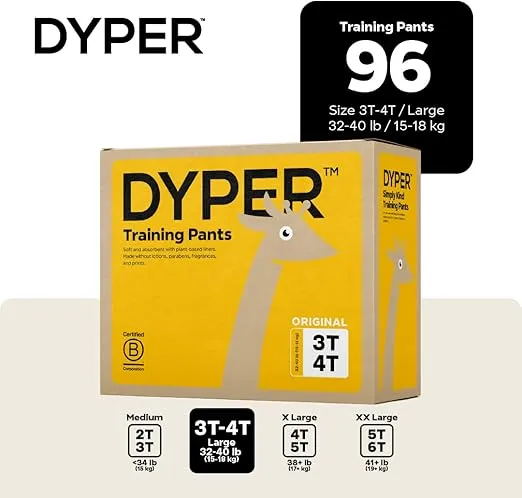 DYPER Toddler Potty Training Pants Girls & Boys Size 3T-4T, Honest Ingredients, Day & Overnight, Made with Plant-Based* Materials, Hypoallergenic for Sensitive Skin, Unscented