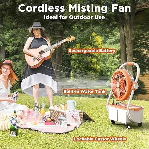 TURBRO Cordless Misting Fan with 19,200mAh Rechargeable Battery, Floor Fan with 2.9 Gal Water Tank and Pump, 120° Oscillation, 15ft Mist Range, for Outdoor Sports, Poolside, Barbeque, Camping, Orange