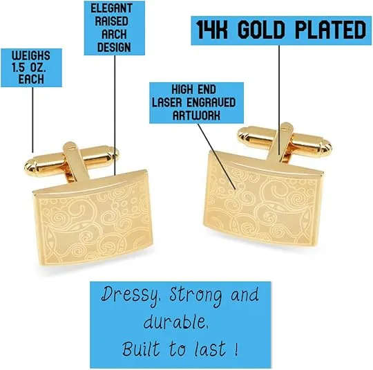 Mens Cufflinks 14k Gold Plated Rectangle Shaped Laser Engraved Elegant Design Gold-Plated-Brass