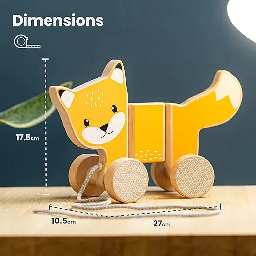 Bigjigs Toys FSC Certified Fox Pull Along Toy - Eco-Friendly Wooden Fox with Grey Pull Cord, Quality Pull Along Toys for 1 Year Olds, Wooden Baby Toys with Non-Toxic Paints & Lacquers