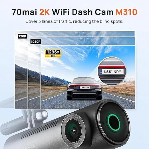 70mai Dash Cam M310, 1296P QHD, Built in WiFi Smart Dash Camera for Cars, 130° Wide-Angle FOV, WDR, Night Vision, iOS/Android Mobile App, Loop Recording, Parking Monitor, Time-Lapse