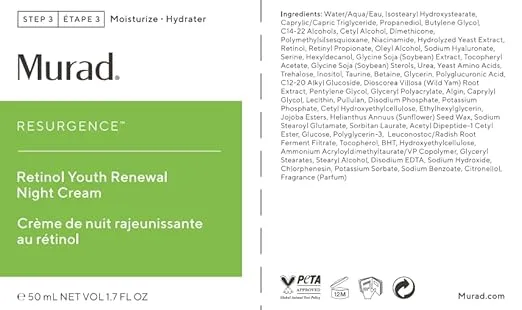 Murad Resurgence Retinol Youth Renewal Night Cream – Anti-Aging Retinol Moisturizer for Wrinkles and Fine Lines – Hydrating, Firming, and Smoothing Skincare Treatment, 1.7 Fl Oz