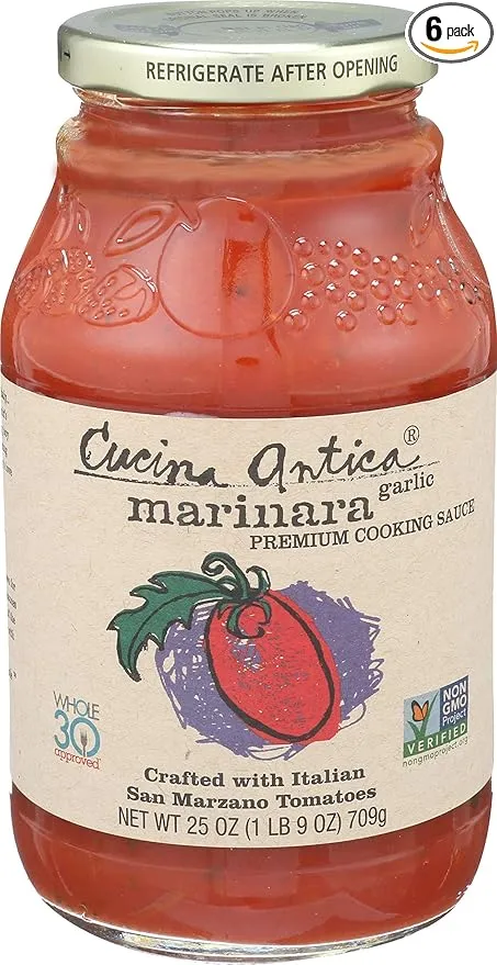 Cucina Antica - Garlic Marinara Pasta Sauce - 25oz (Pack of 6) - Non GMO, Whole 30 Approved, Gluten Free