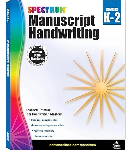 Spectrum Manuscript Handwriting Workbooks, Ages 5 to 8, Kindergarten to 2nd Grade Handwriting Practice With Lower-and Uppercase Letters, Sentence Practice, and Vocabulary - 96 Pages