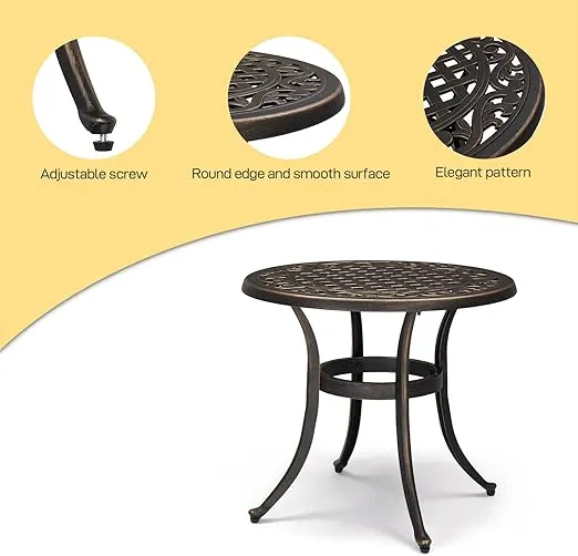 VINGLI 24” Cast Aluminum Outdoor Side Table, All Weather Round Patio Coffee Table Porch Table Outdoor Bistro Table Outdoor End Table Bronze
