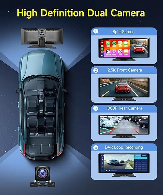Podofo 9.3inch Wireless CarPlay Screen for Car with 2.5K Front and HD Rear Camera Dash Cam,Portable Android Auto Touch Screen Radio with Dual Bluetooth/Airplay/GPS/Siri/FM Transmit/AUX/64G TF Card