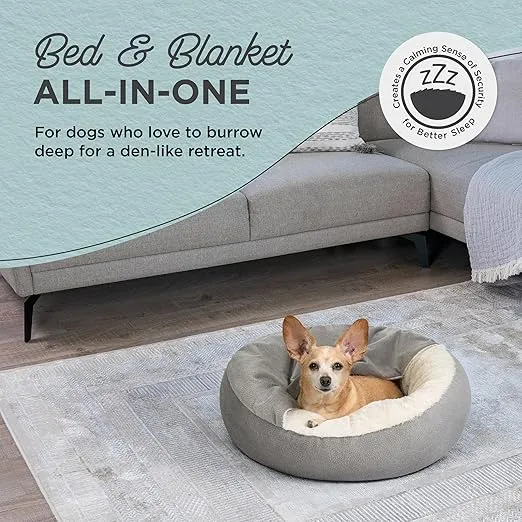 Best Friends by Sheri Cozy Cuddler Ilan Covered Cat and Dog Bed with Attached Blanket, Gray, 24"x24"