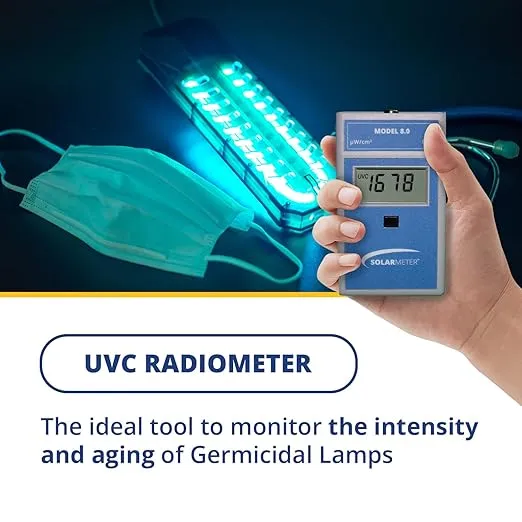 Model 8.0 UVC Lamp Meter, Handheld Digital UV Light Meter Radiometer and Light Bulb Tester for Testing Bulbs, Equipment & UV Blocking Glasses, 0-1999 μW/cm2 UVC, Made in USA