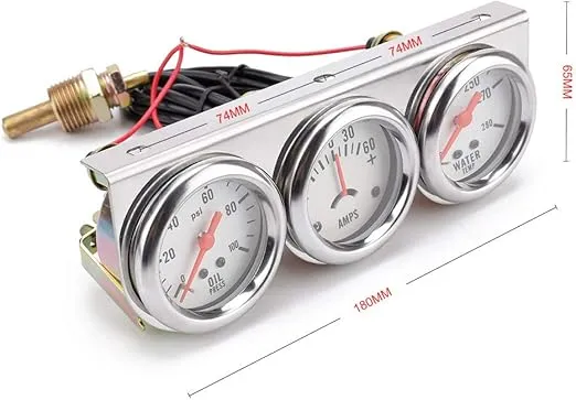 2" 52mm Chrome Panel 3in1 Car Meter Oil Pressure Fahrenheit Water Temp Ammeter Triple Gauge Kit Set White Face