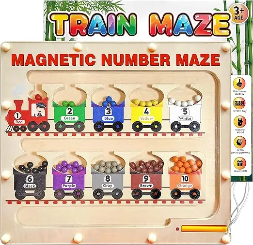 Panda Brothers Magnetic Color and Number Maze with Long Pen Handle, Color Learning Busy Board for Kids, Wooden Montessori, Fine Motor Skills and Educational Toys, Magnetic Maze Toys for Toddlers 1-3