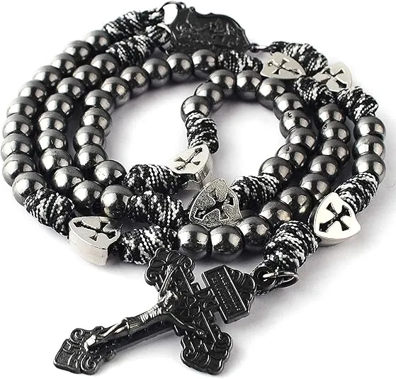 HanlinCC Large and Heavy Antique Bronze Metal Beads Rugged Durable Paracord Rosary Necklace with St.Michael Center Piece and Pardon Crucifix for Men