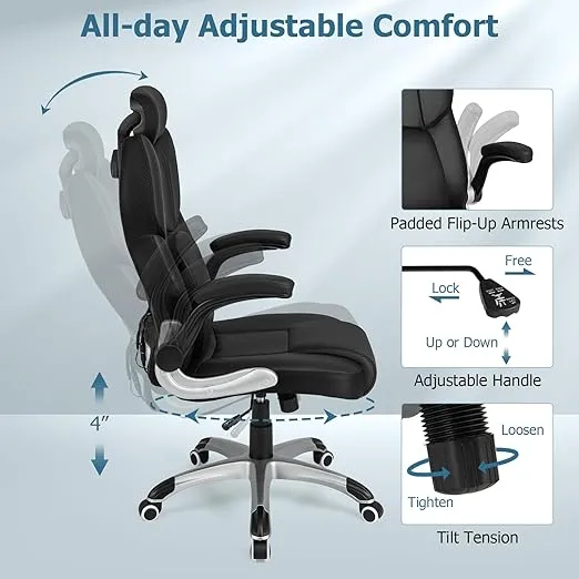 COSTWAY Executive 3D Massage Office Chair, Faux Leather Computer Desk Chair w/Adjustable Headrest & Lumbar Support, High Back Home Office Chair with Flip-up Armrests, Remote Control, Black