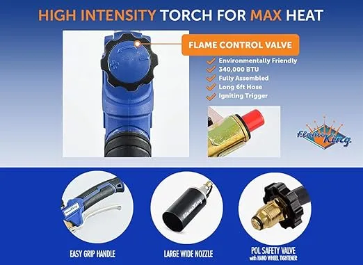 Flame King Propane Torch Kit Heavy Duty Weed Burner, 340,000 BTU with Piezo Igniter (Self Igniting), with 6 ft Hose Regulator Assembly