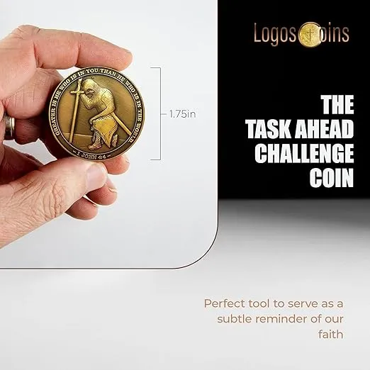 The Task Ahead Coin, I Can Do All Things, Challenge Coins, Antique Gold-Color Plated, Featuring a Kneeling Knight Templar and Philippians 4:15