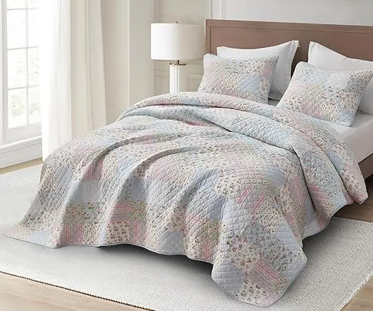 Chezmoi Collection Holly 3-Piece Printed Patchwork Cotton Quilt Set - Flower Floral Candy Stripe Polka Dots - Stone Washed Lightweight Bedspread, Full Size