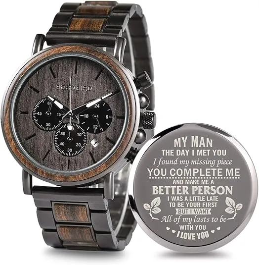 2win Engraved Wooden Watch for Boyfriend My Man Fiancé Husband Customized Personalized Wood Watches for Men Birthday Anniversary Personalized Watch