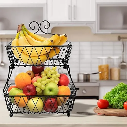 Sorbus Fruit Basket Display Stand, 2-Tier, for Vegetable, Fruit & Bread Counter Storage for Kitchen, Bathroom, Rectangular Antique Metal (Black)