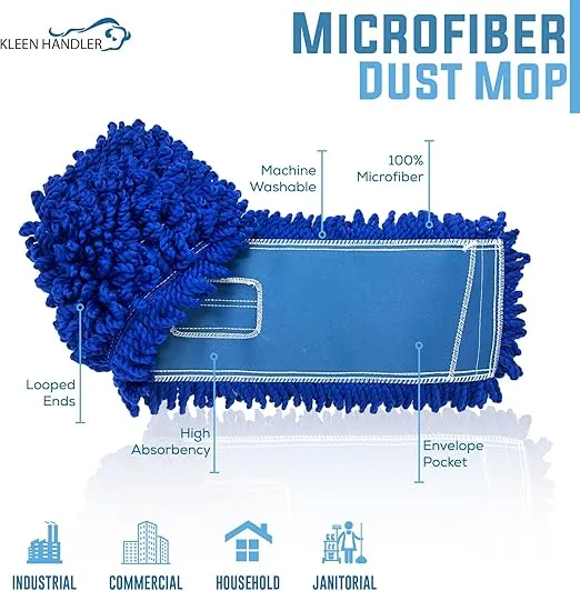 KLEEN HANDLER 48 Inch Microfiber Dust Mop, X-Large Washable Commercial Dust Mop, Sweeper, Janitorial Dust Mop Head Replacement, Push Mop Broom, Blue