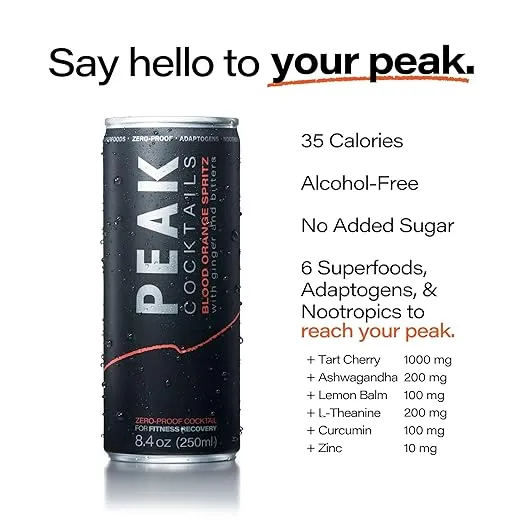 Peak Cocktails - Non-Alcoholic Fitness Drink | Adaptogens, Nootropics, Superfoods for Exercise Recovery, Relaxation, & Sleep | Ashwaganda, Tart Cherry, Curcumin, L-Theanine | 8.4 ounce (Variety Pack,