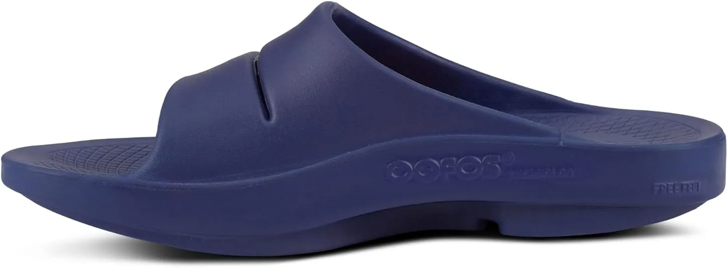 OOFOS OOahh Sport Slide Sandal, Navy White - Men’s Size 11, Women’s Size 13 - Lightweight Recovery Footwear - Reduces Stress on Feet, Joints & Back - Machine Washable - Hand-Painted Graphics