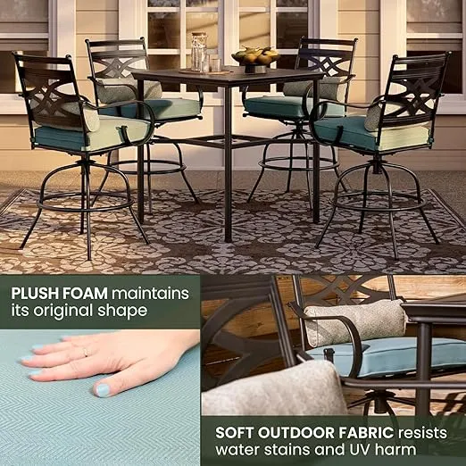 Hanover Montclair All-Weather 5-Piece Outdoor Dining Set, 4 Cushioned Swivel Counter-Height Chairs and 33" Square Rectangle Table, High Top Patio Dining Set for 4 for Backyard, Deck, Patio