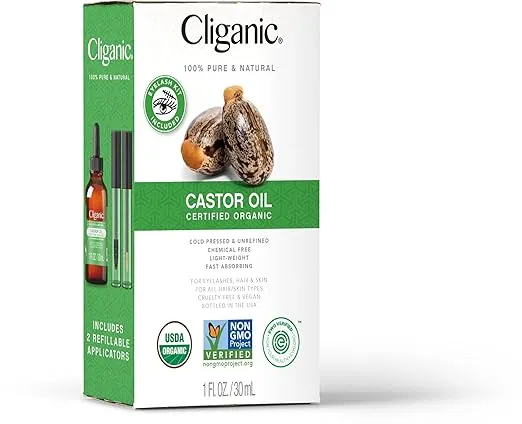 Cliganic Organic Castor Oil, 100% Pure (1oz with Eyelash Kit) - For Eyelashes, Eyebrows, Hair & Skin