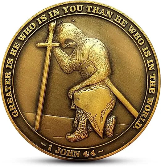The Task Ahead Coin, I Can Do All Things, Challenge Coins, Antique Gold-Color Plated, Featuring a Kneeling Knight Templar and Philippians 4:15